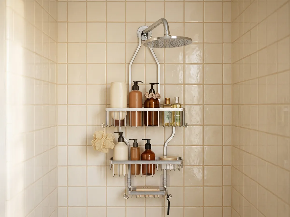Three-tier aluminium caddy hanging from a shower arm holding shampoo bottles and a razor in a small tiled shower, small bathroom decor ideas for storage