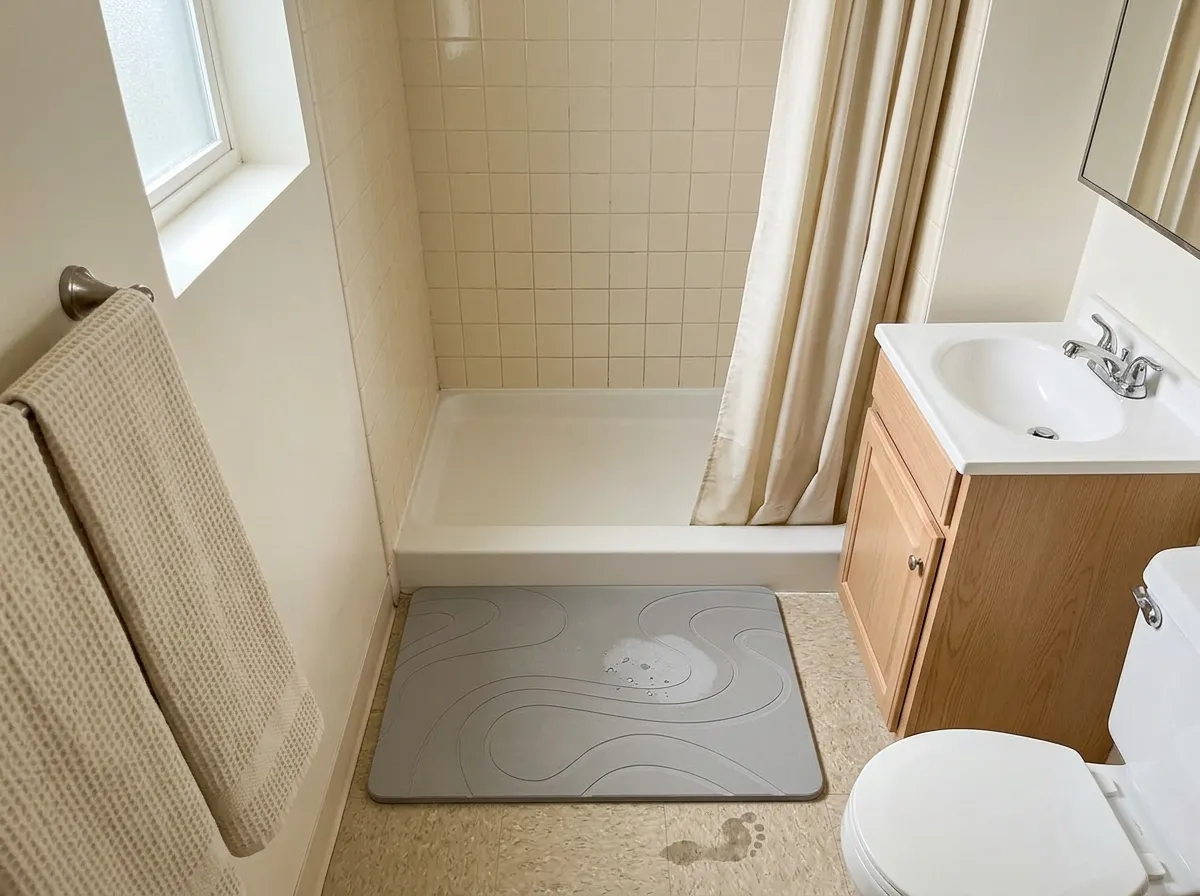 Pale grey diatomite stone bath mat on beige tile floor in front of a shower stall with water beading on its matte surface, practical small bathroom decor ideas