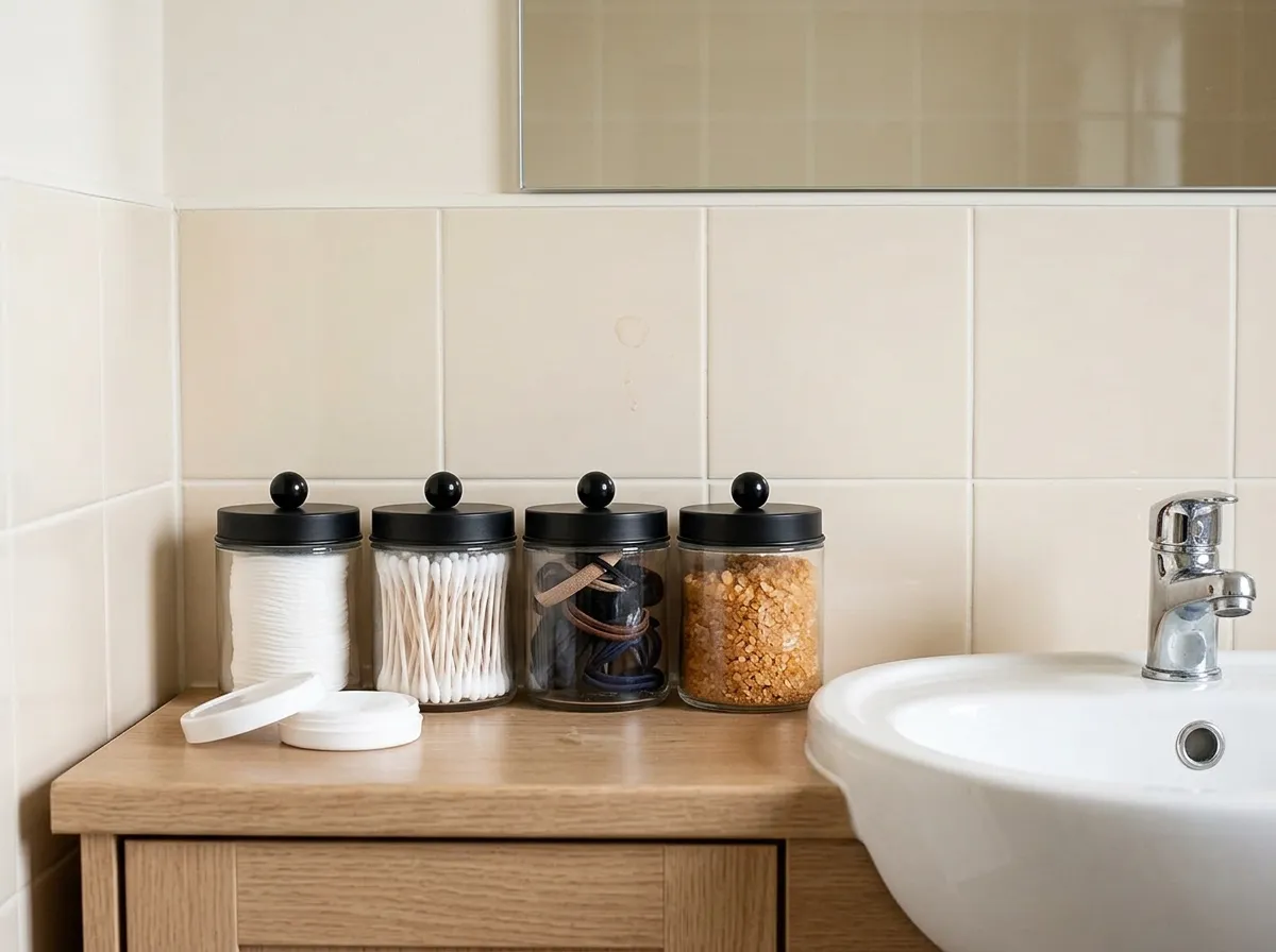 Four clear glass apothecary jars with metal lids holding cotton buds and bath salts on a narrow vanity beside a folded towel, small bathroom decor ideas for counters