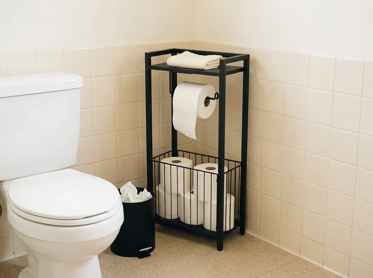Slim freestanding toilet paper holder with spare rolls stacked on its lower shelf in the narrow gap beside a toilet, space-saving small bathroom decor ideas