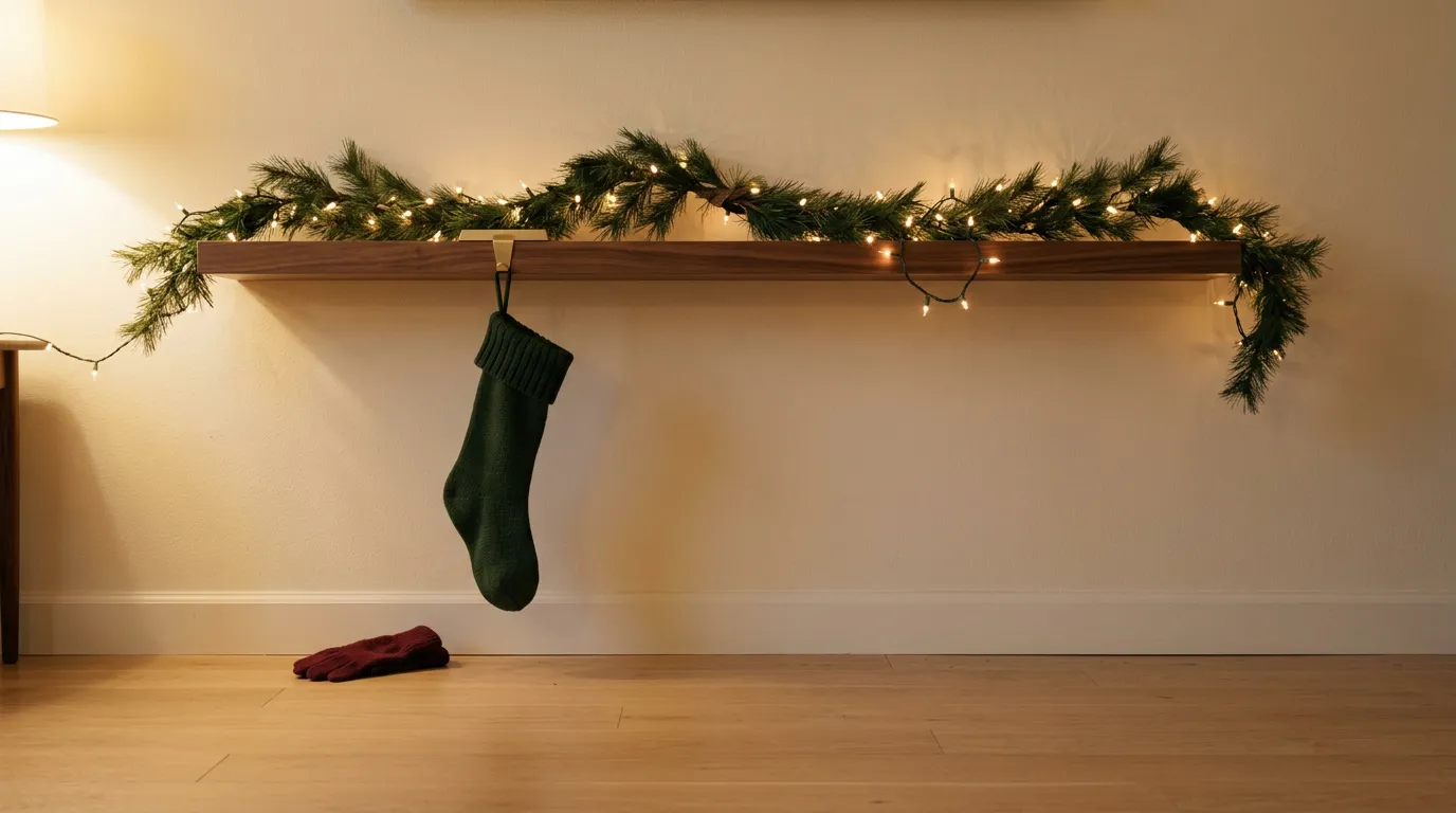 A collection of small stocking stuffer ideas for adults laid out near a stocking on a mantel: lip balm, a hand warmer, a keychain multi-tool and a travel candle