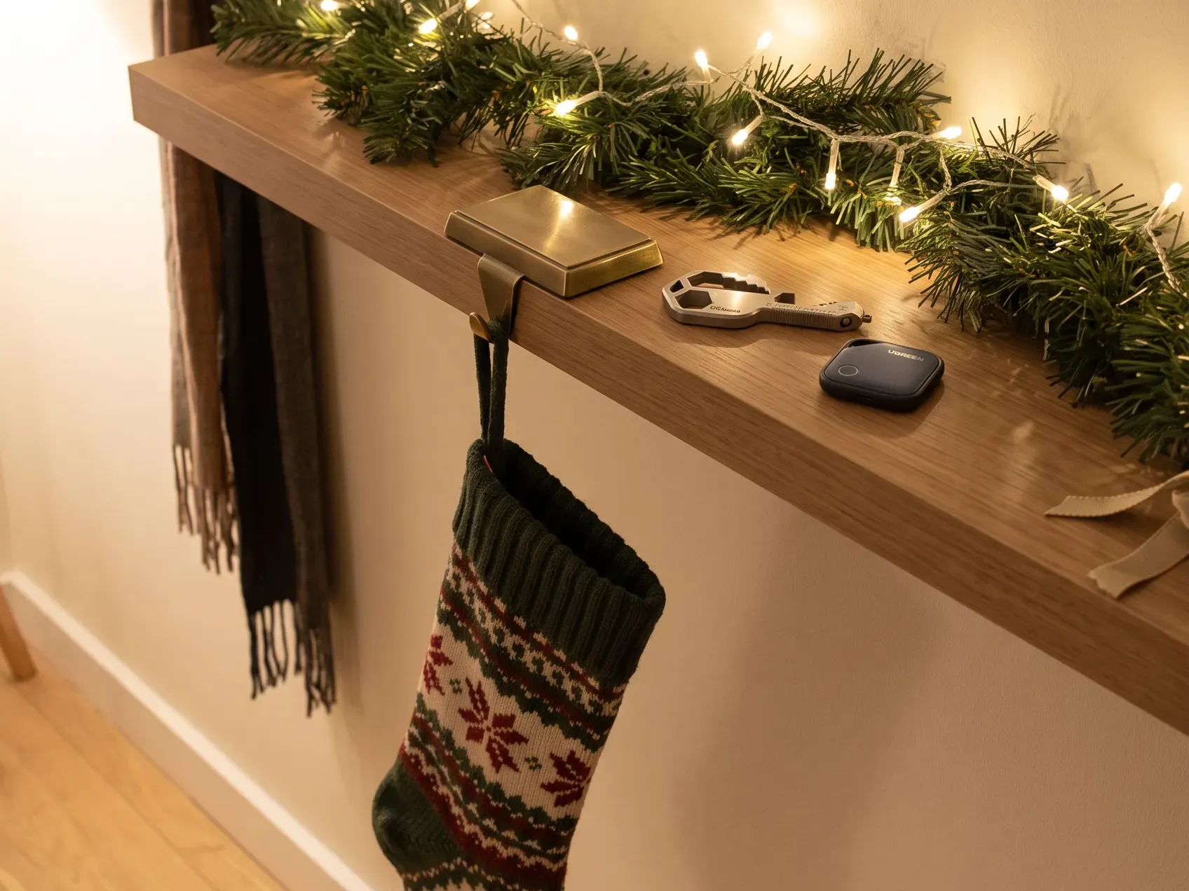 A keychain multi-tool, a bluetooth item tracker and a travel manicure set grouped together, useful stocking stuffers for adults