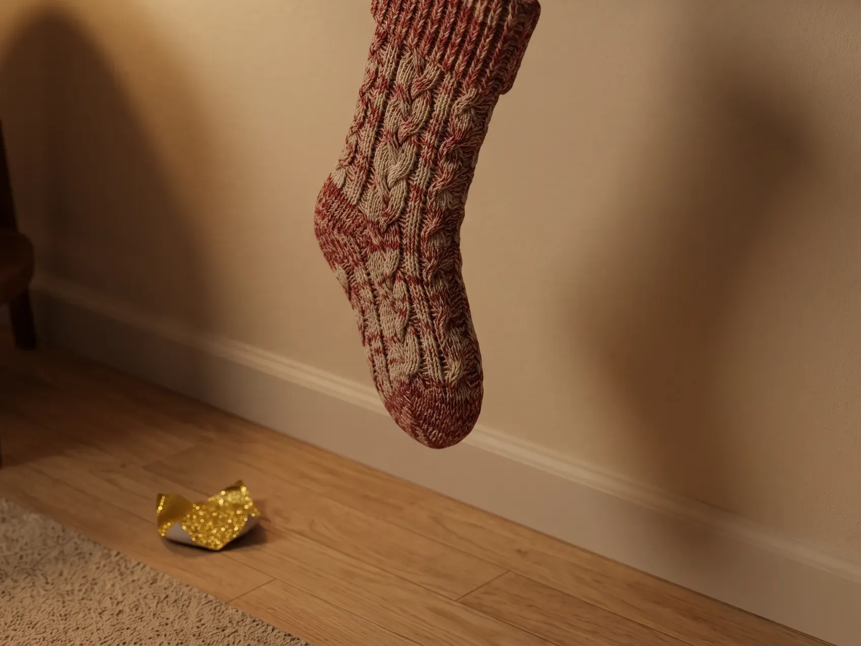 An empty stocking beside a small pile of hotel toiletries and a gift card, showing what to skip in stocking stuffer ideas
