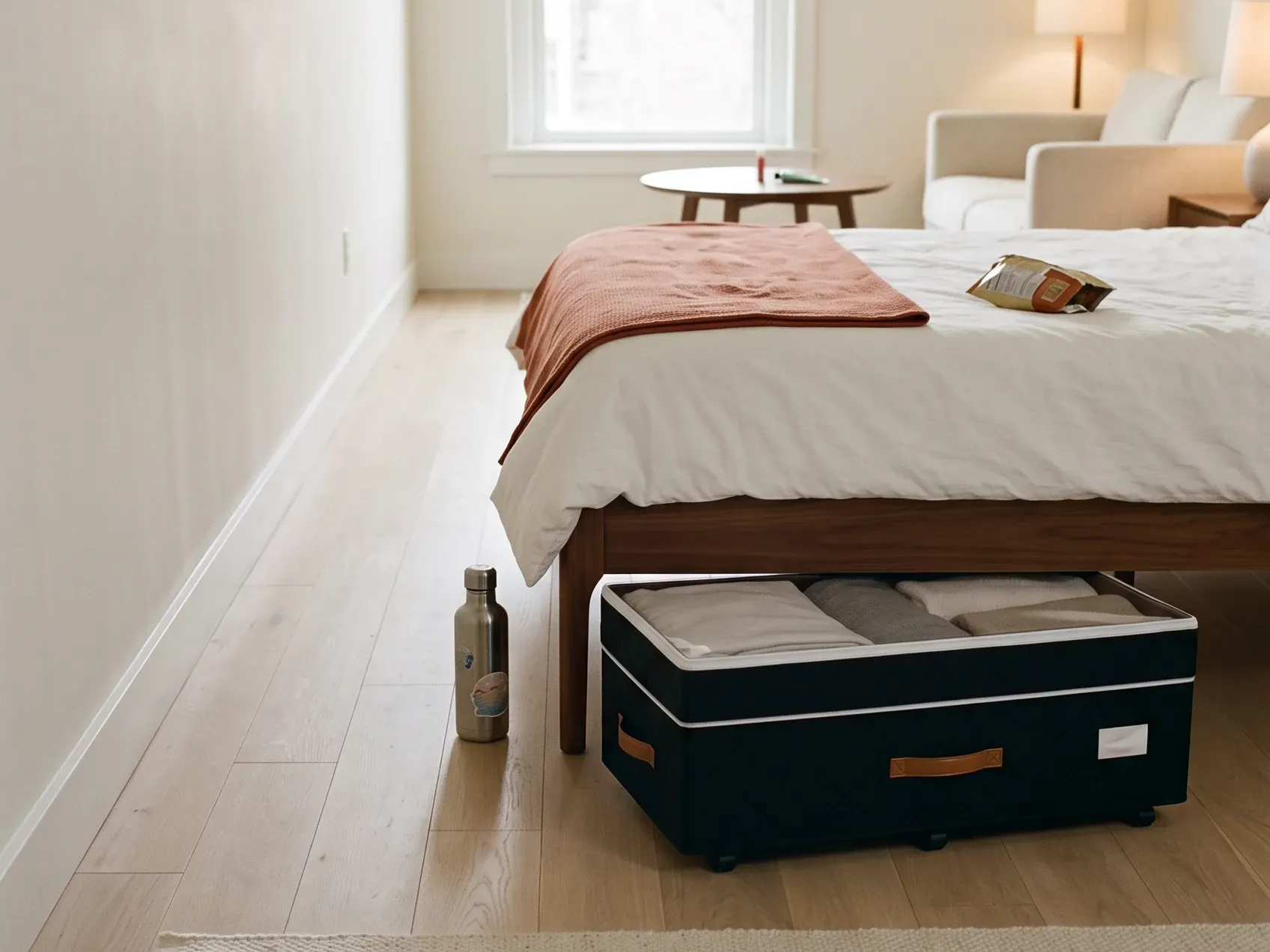 Rolling under bed storage container pulled halfway out from beneath a bed in a studio apartment, a storage idea for studio apartments