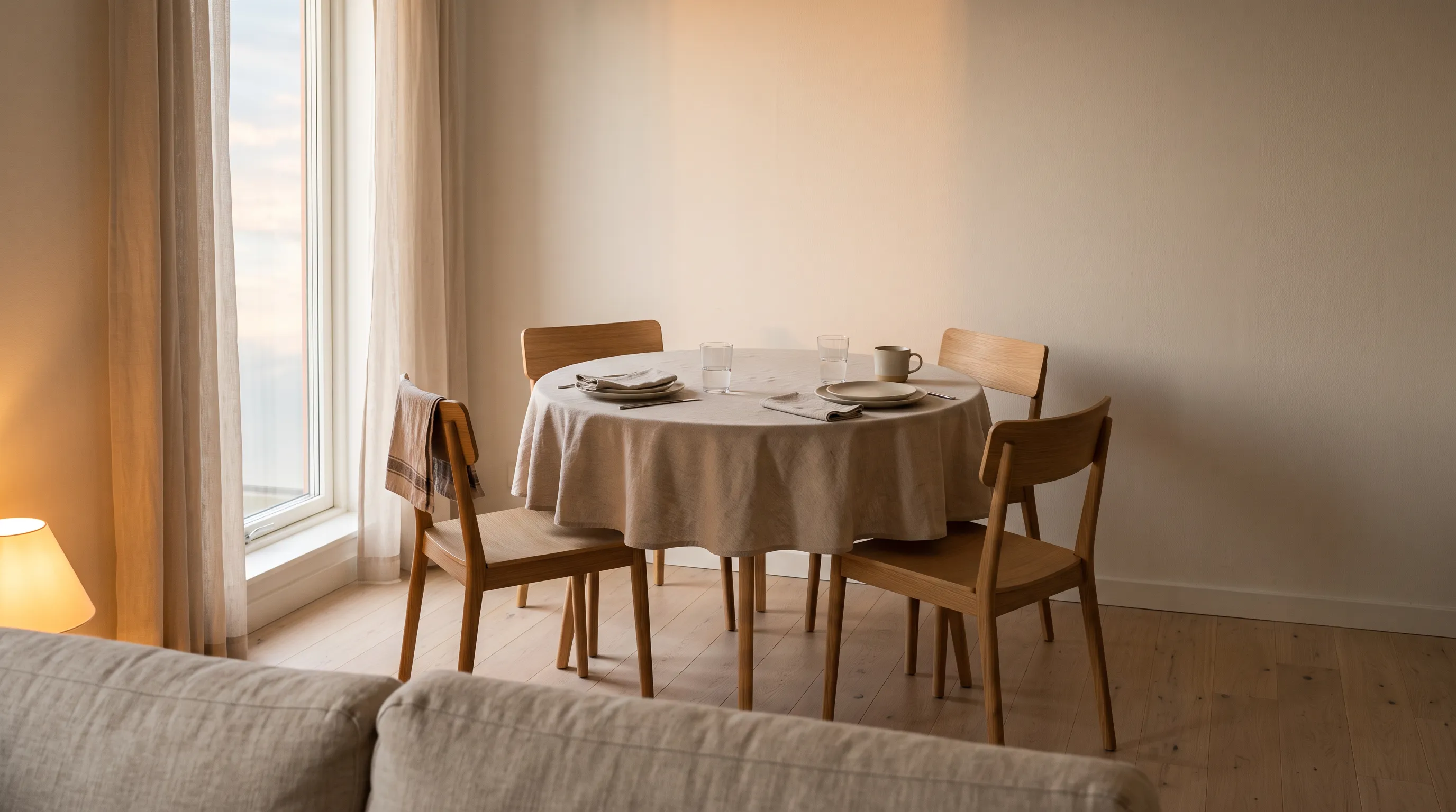 Small round apartment dining table set for Thanksgiving with a leaf garland down the middle, small velvet pumpkins and lit terracotta taper candles, thanksgiving table decor for a small table