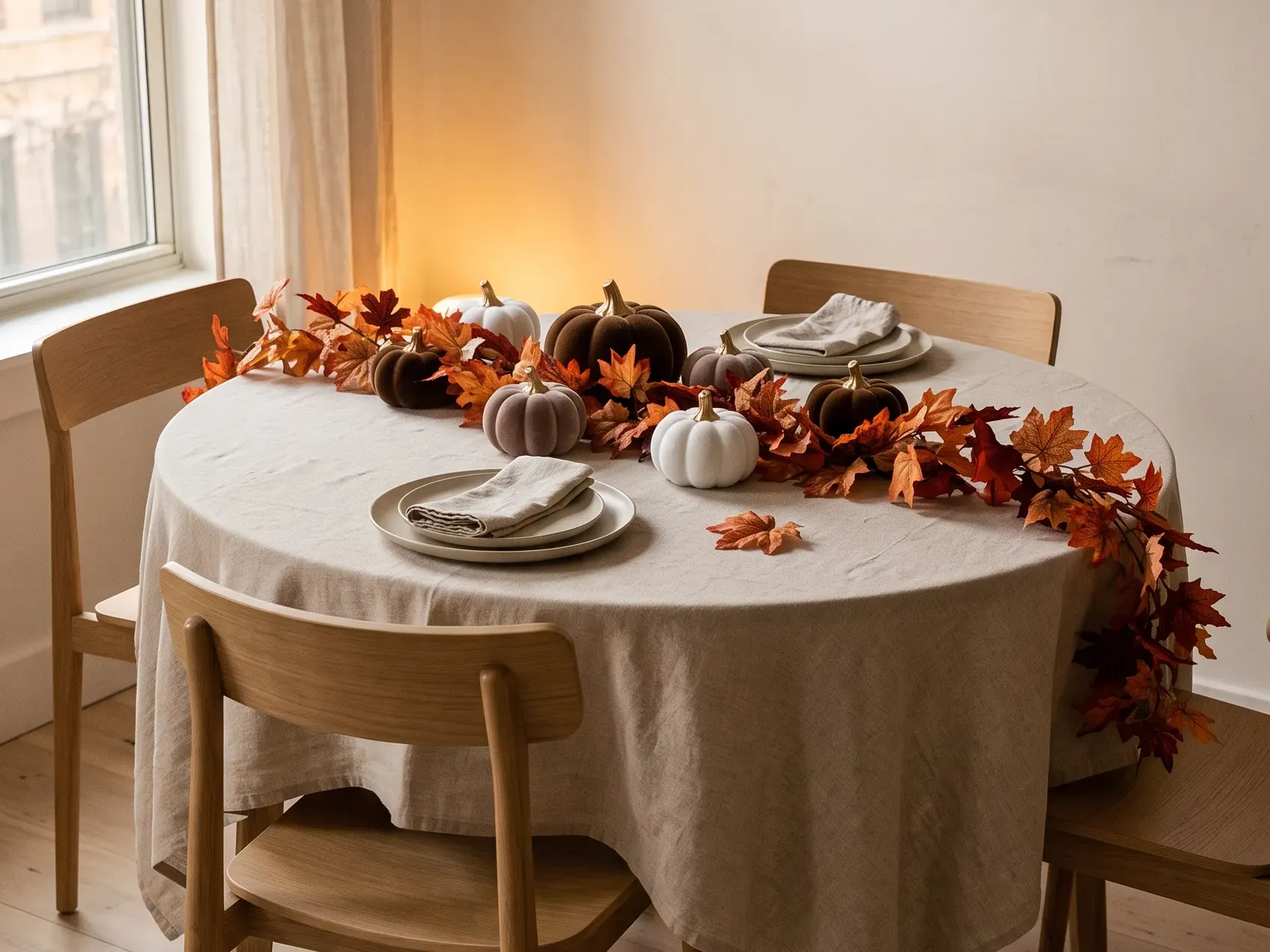 Faux maple leaf garland laid down the center of a small round table with a handful of small velvet pumpkins resting on it, a simple thanksgiving tablescape for a small table
