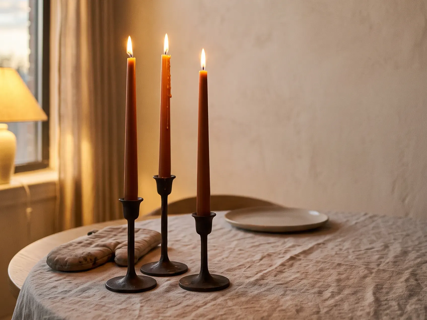 Two tall terracotta taper candles lit in dark holders at one end of a small Thanksgiving table at dusk, warm light for thanksgiving table decor
