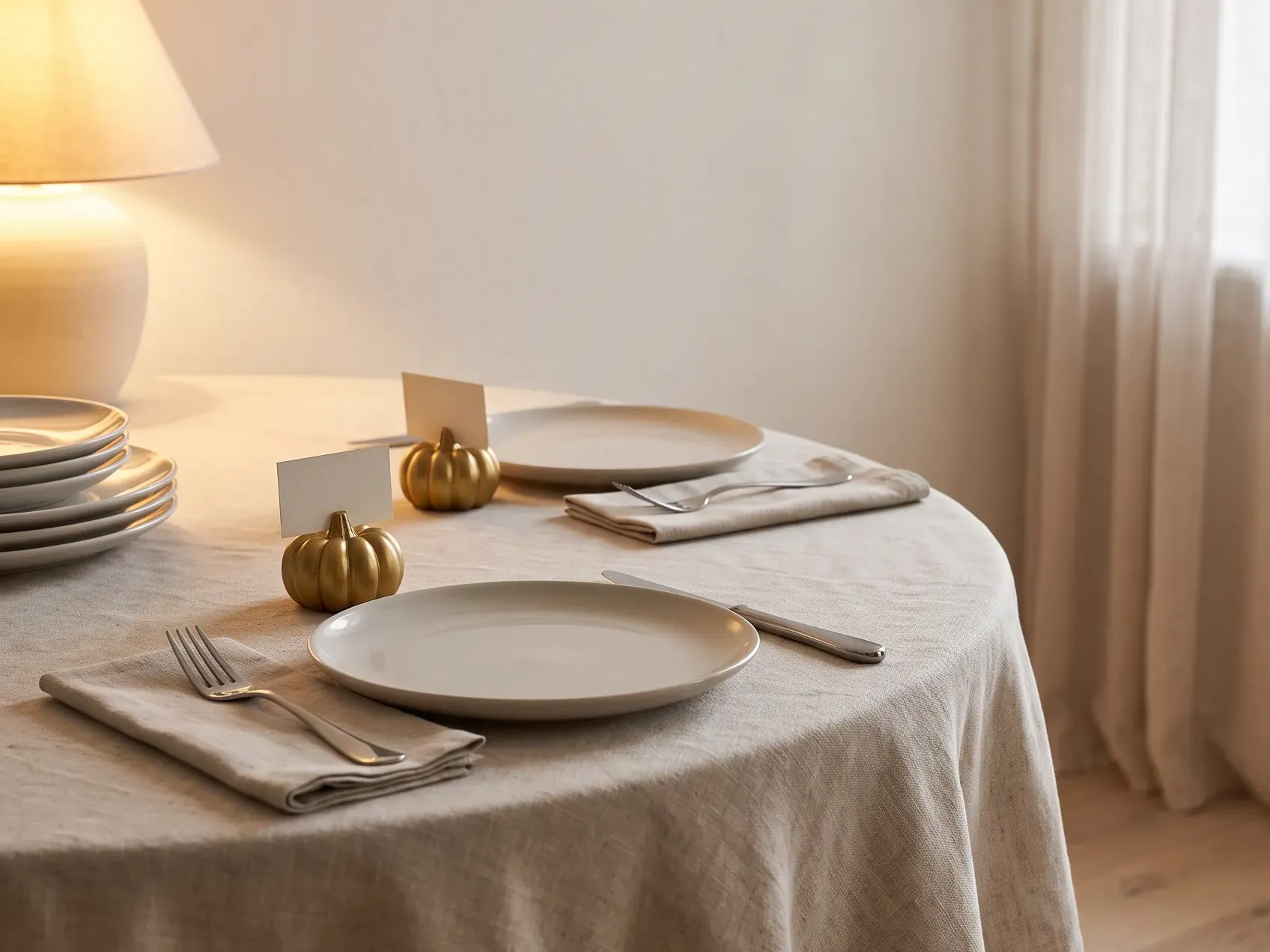Small gold pumpkin place card holders with handwritten name cards set above each plate on a small round table, thanksgiving table setting ideas