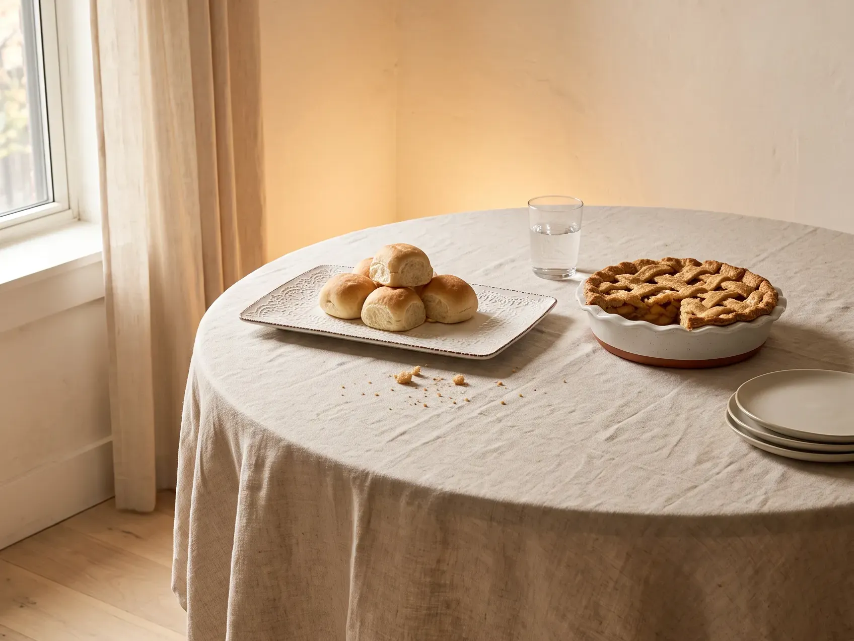 Cream stoneware serving platter and a white fluted ceramic pie pan on a small Thanksgiving table beside a leaf garland, serving dishes as thanksgiving table decor