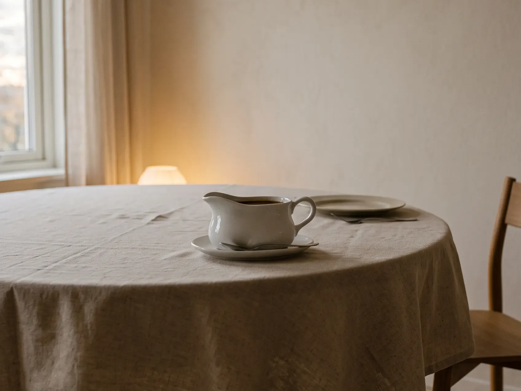White ceramic gravy boat resting on its matching saucer at the corner of a small Thanksgiving table beside a taper candle, thanksgiving table decor for serving gravy