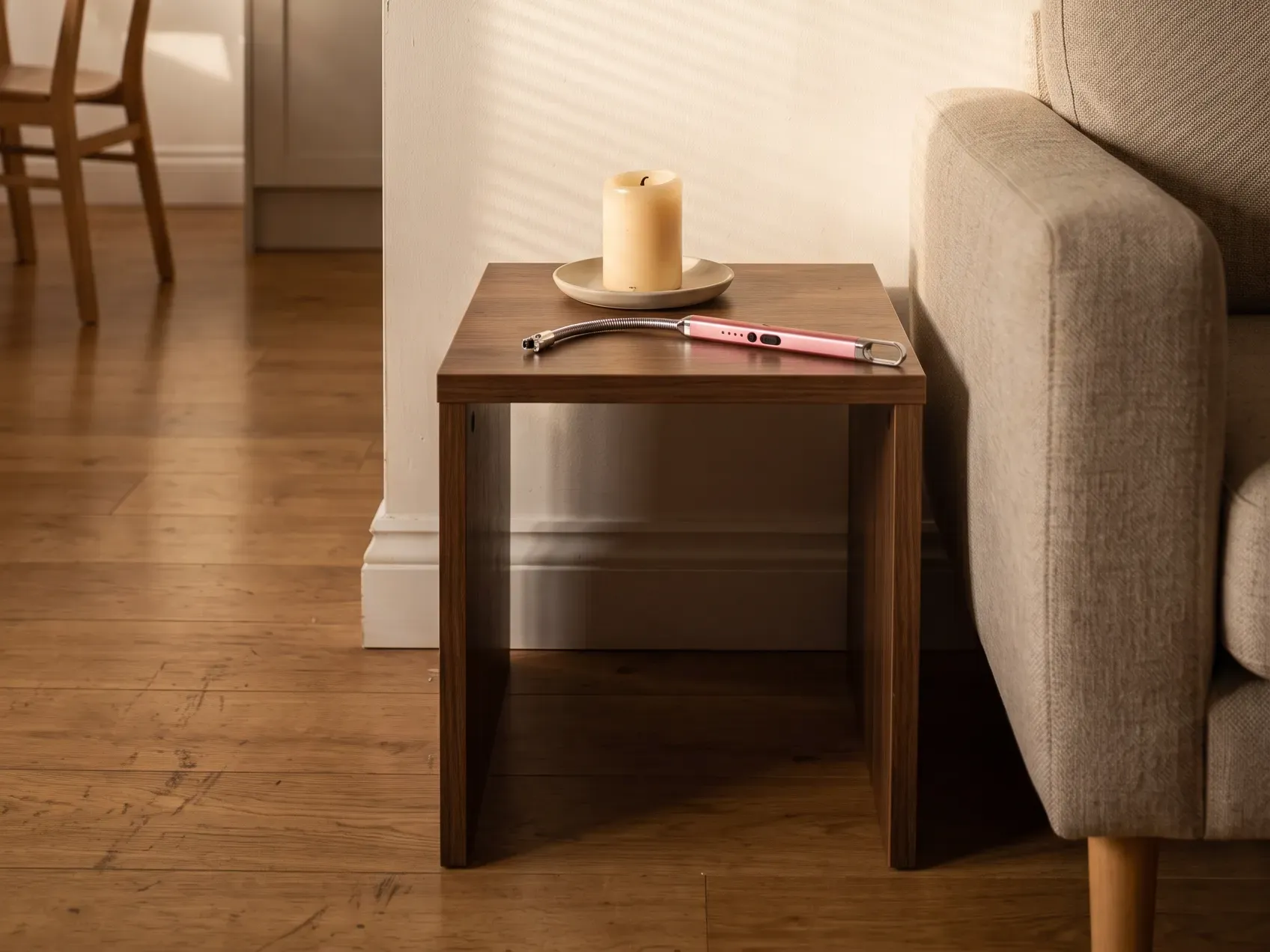 Rechargeable arc lighter resting beside a lit candle on a side table in warm evening light, a white elephant gift idea that gets used right away