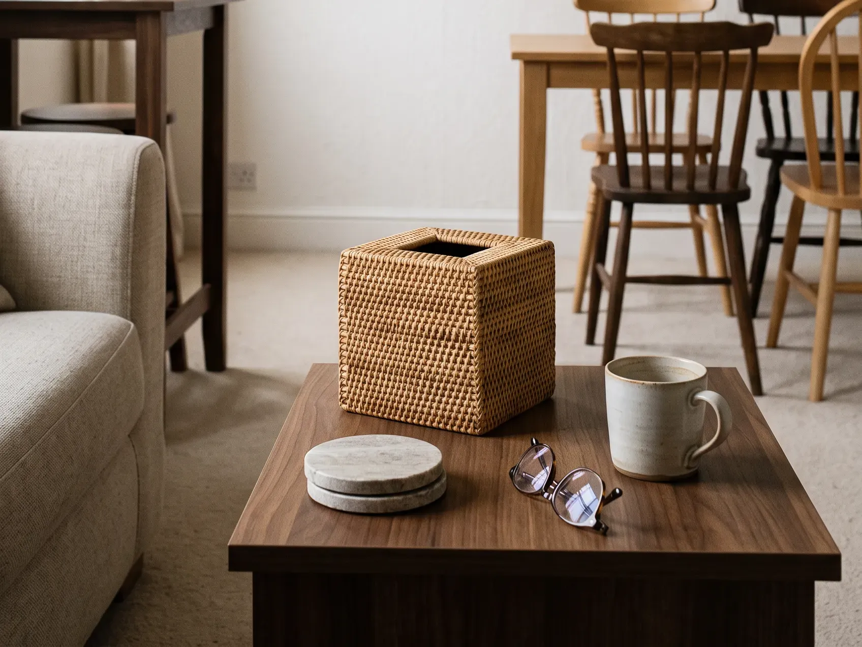Woven rattan tissue box cover on a side table beside a lamp in a living room, a neutral white elephant gift idea for an unknown recipient