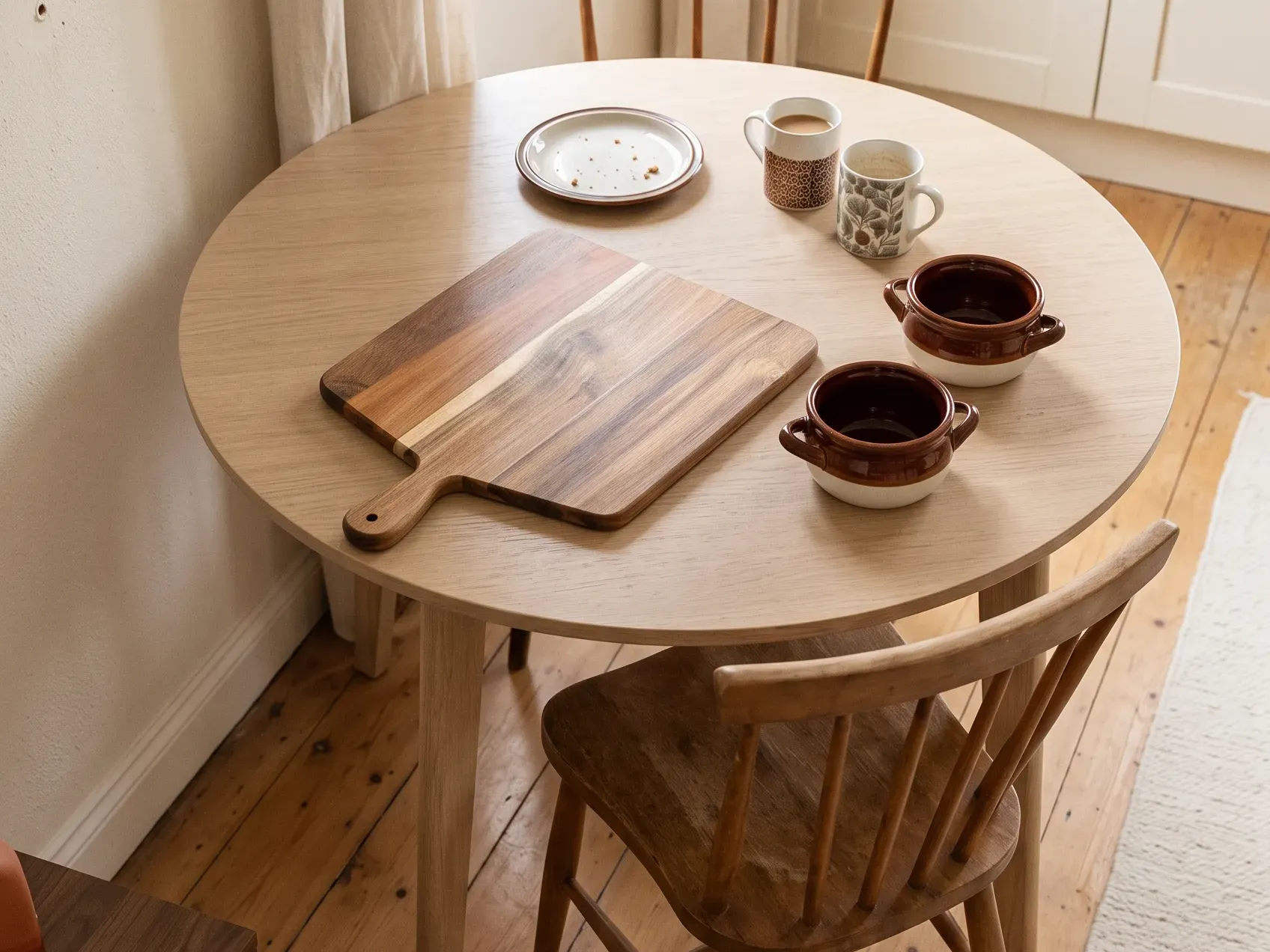 Acacia wood serving board with a handle and stacked stoneware soup crocks on a dining table, white elephant gift ideas that look expensive