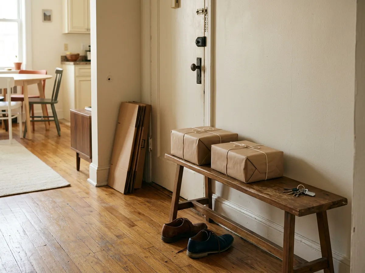 Neatly wrapped gift boxes stacked on a wooden bench near a doorway in warm light, planning white elephant gift ideas for a party