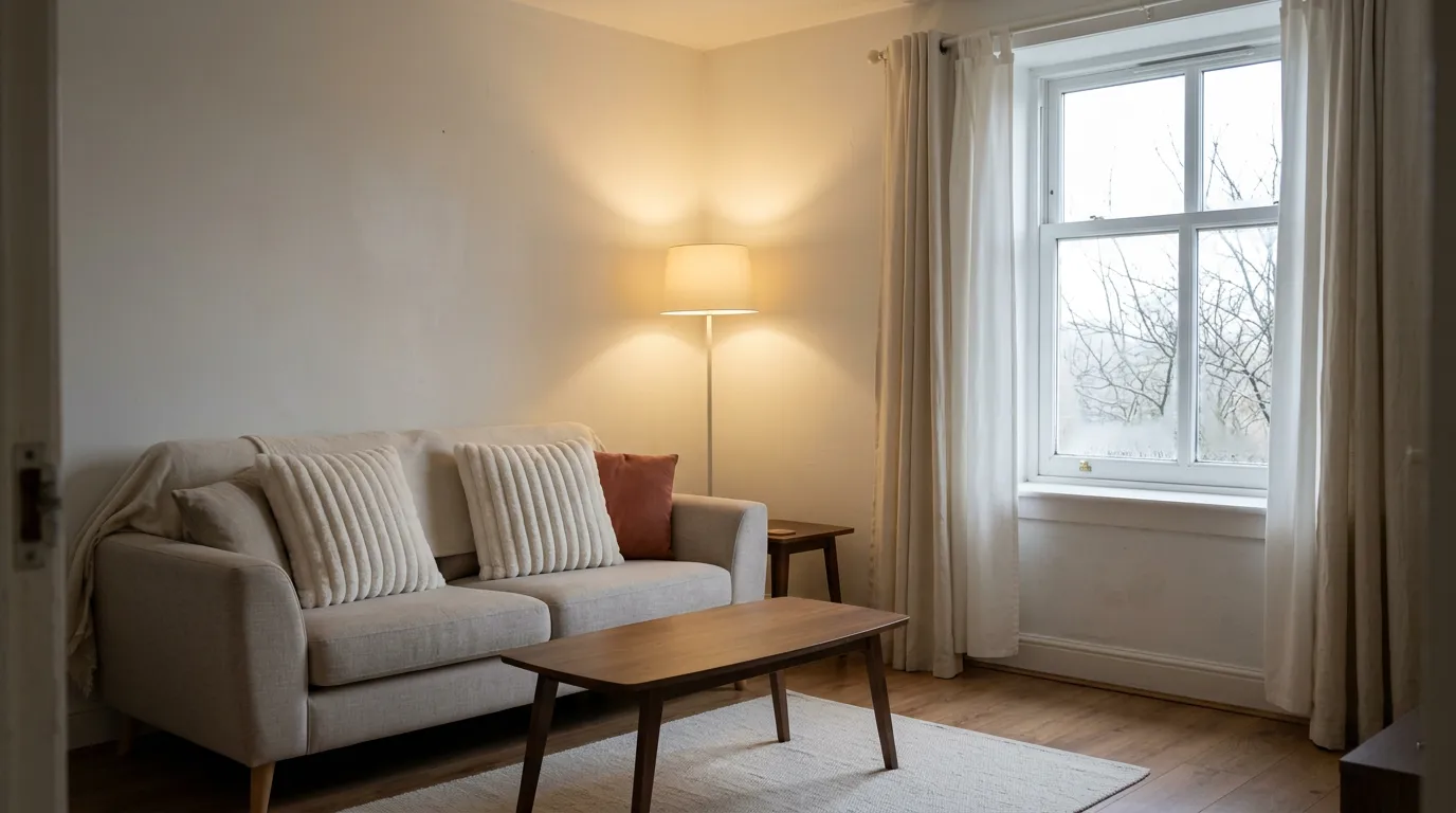 Small apartment living room in low winter afternoon light with layered cream curtains, a wool cushion and a warm lamp, winter decor ideas without holiday decorations