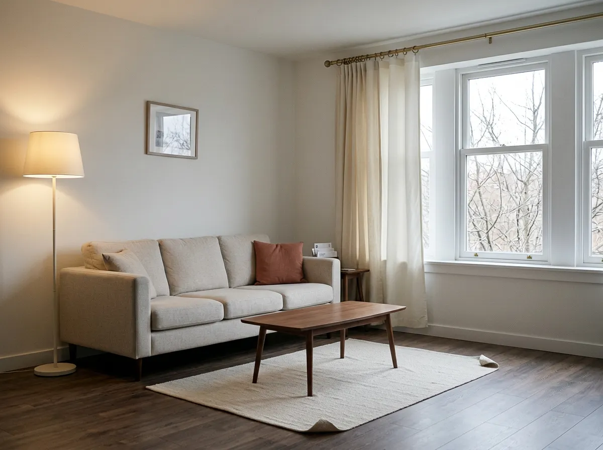 Off-white thermal curtain liner hanging on the same rings behind a linen curtain panel at an apartment window, a winter decor idea for a cold rental