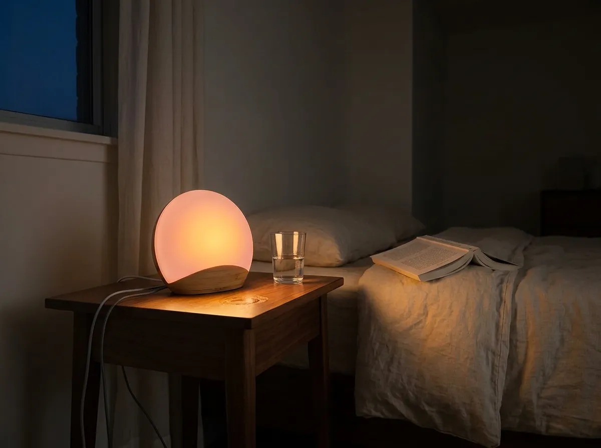 Wood grain sunrise alarm clock glowing soft amber on a walnut nightstand in a dim bedroom before dawn, a winter decor idea for dark mornings