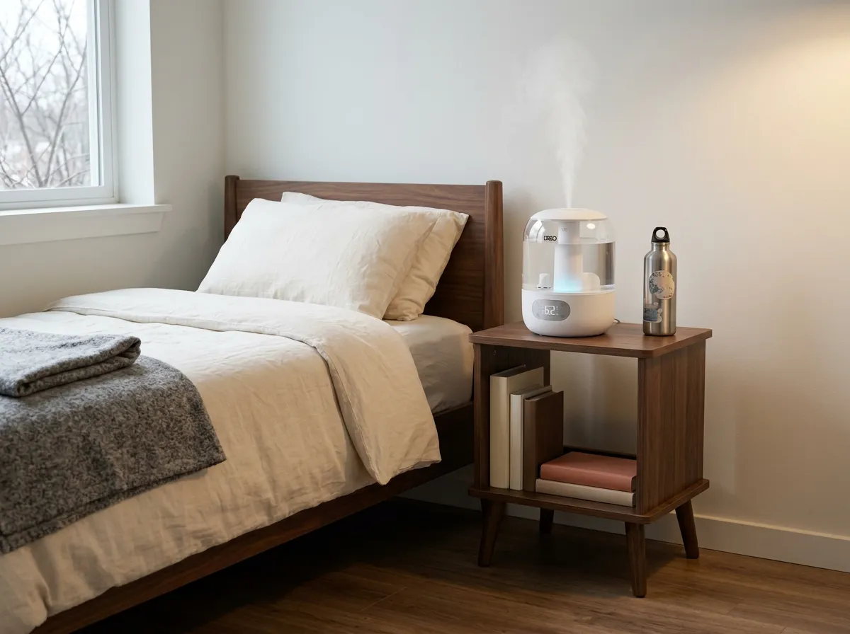 Small white humidifier releasing a fine mist on a wooden bedside table beside a folded wool throw, a winter decor idea for dry indoor air