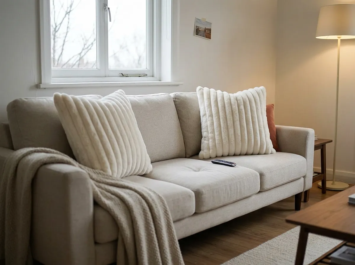 Two cream faux fur cushion covers on a pale sofa beside a folded oatmeal throw in grey afternoon light, a winter decor idea without holiday decorations
