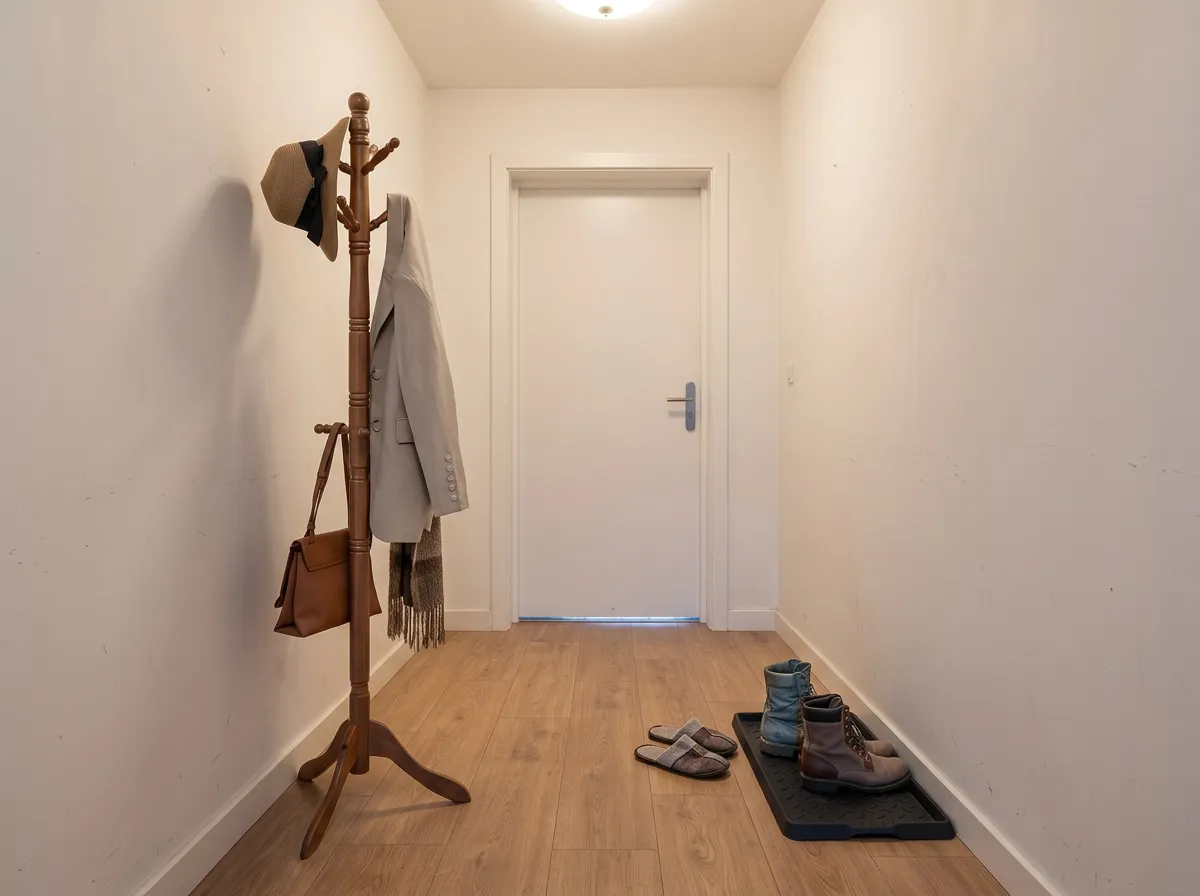 Rubber boot tray with raised edges holding two pairs of winter boots beside a wooden freestanding coat rack in a narrow apartment entryway, a winter decor idea for renters